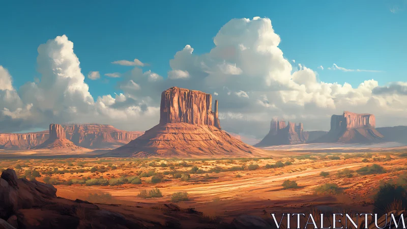 Digital painting of desert buttes under towering cumulus clouds.