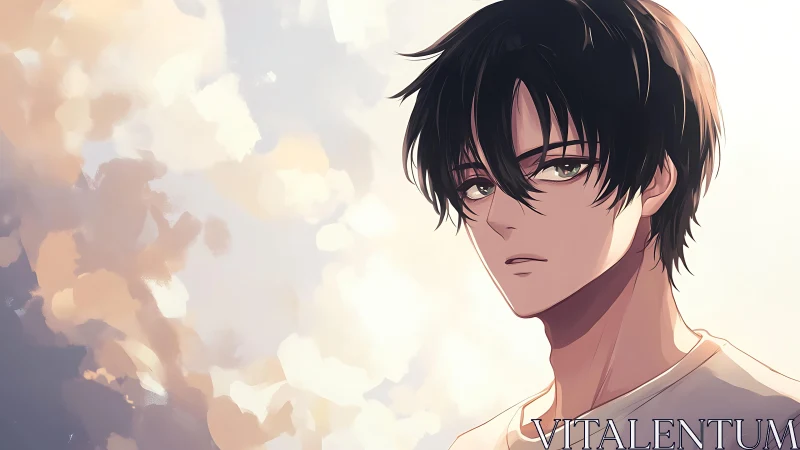 Soft evening light wraps a thoughtful anime boy in calm