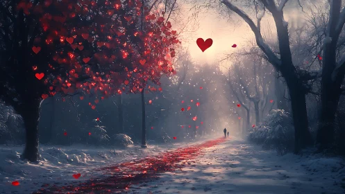 Enchanted Winter Path Glowing with Floating Red Hearts.