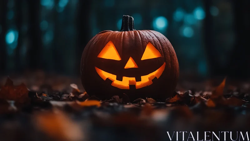 Low-angle jack-o-lantern with internal candlelight in forest dusk.