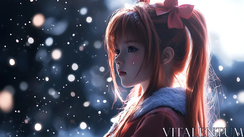 Winter sparkle surrounds a red haired girl in gentle snow