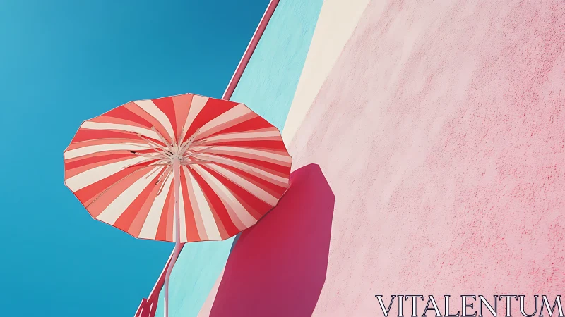 Striped parasol casting bold shadow on pastel facade.