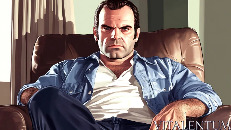 Relaxed yet intense man unwinding in a worn leather chair.