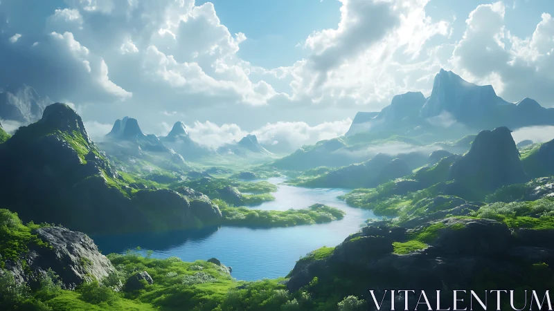 Sunlit valley lake cradled by misty emerald mountains.