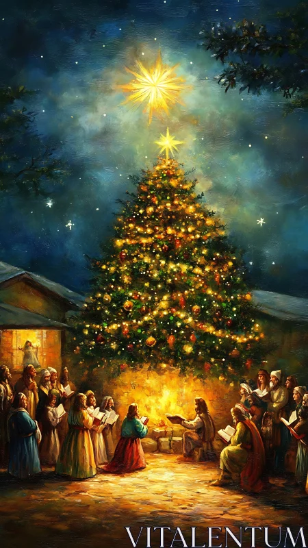 Night nativity gathering under illuminated Christmas tree.