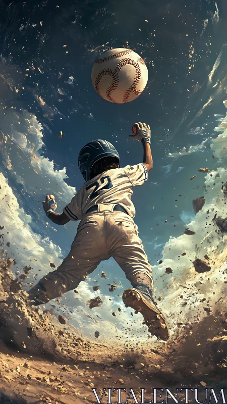 Baseball player sprints through dust toward soaring ball