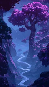 Twisting river flows through violet forest canyon at dusk