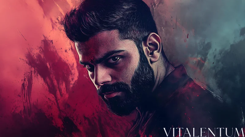 Moody bearded portrait in red teal digital paint lighting.