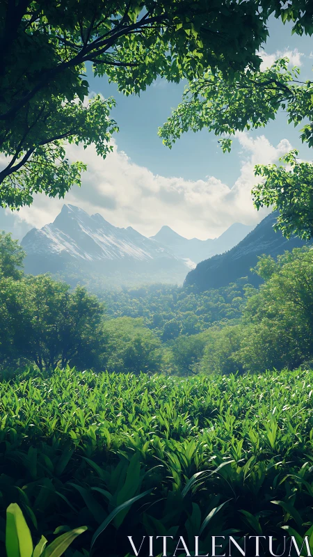 High-resolution verdant valley landscape with distant alpine ridge