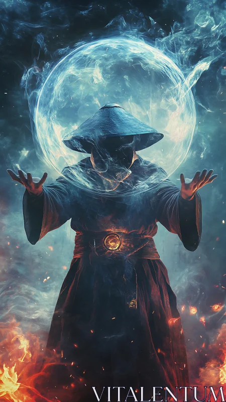 Mystic sorcerer conjures elemental energy sphere in flames