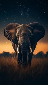 Majestic bull elephant under starry dusk savannah sky.