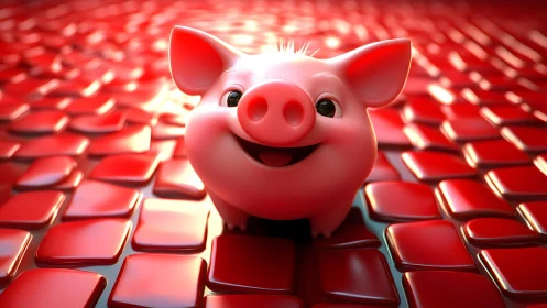 Cute Cartoon Pig Smiling on Shiny Red Tiles, 3D Render Style.