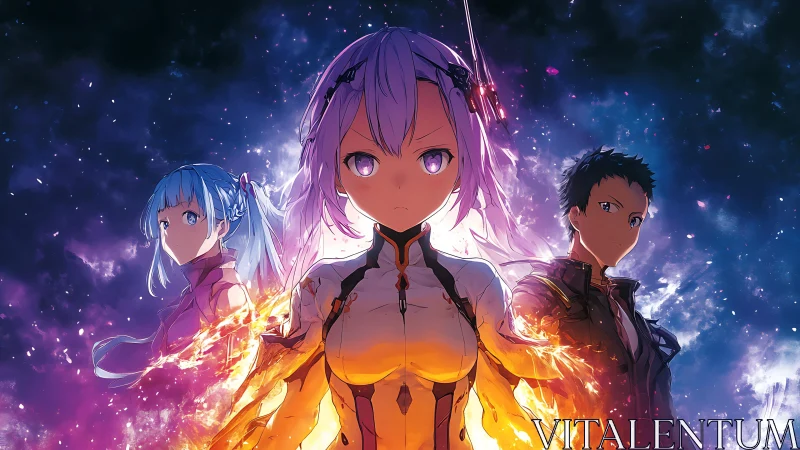 Triadic anime protagonists in cosmic-lit ignition stance.
