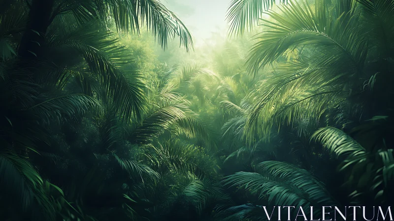 Sunlight Filtering Through Lush Palm Canopy.
