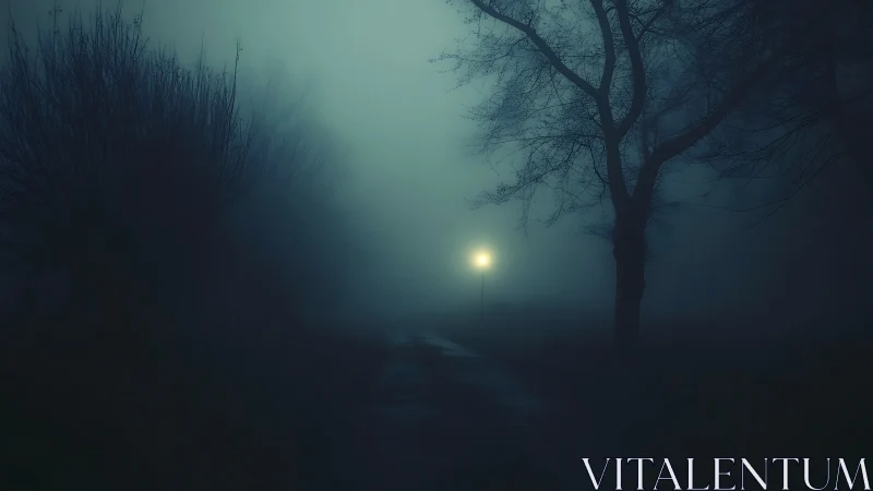 Foggy park path with distant lamppost under moody blue haze