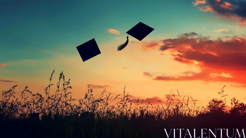 Graduation caps are suspended above silhouetted field grass