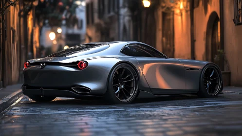 Sleek silver sports car glowing softly in a cozy city street.