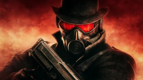 Masked gunslinger stands in burning red wasteland haze