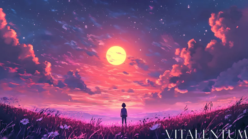 Solitary figure under neon sunset sky in wildflower field.