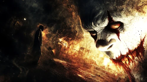 Clown-like demonic face over burning urban ruins at night.