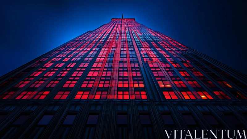 Neon-lit skyscraper facade rendered in dramatic upward perspective
