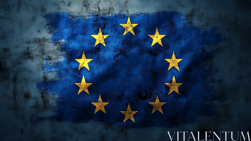 Weathered European Union flag glows against a dark backdrop