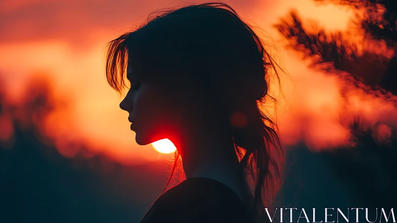 Silhouetted woman contemplates quietly against a burning sunset