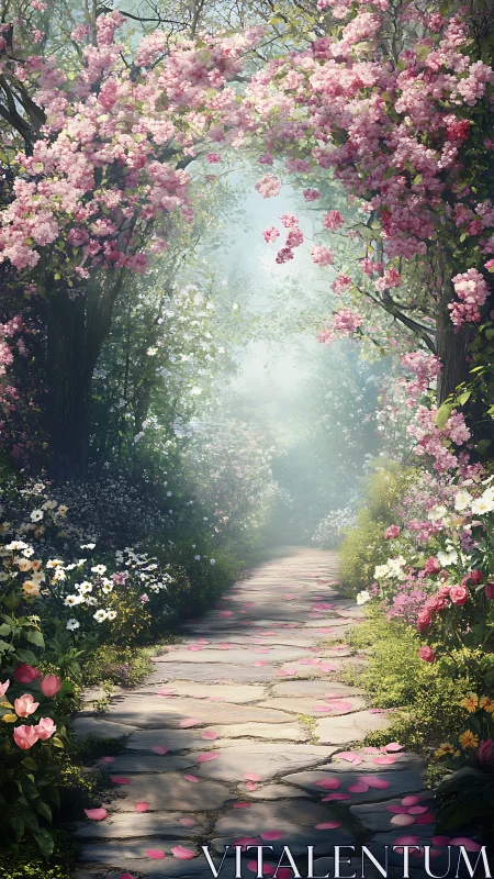 Stone garden path curves through dense blooming flowers