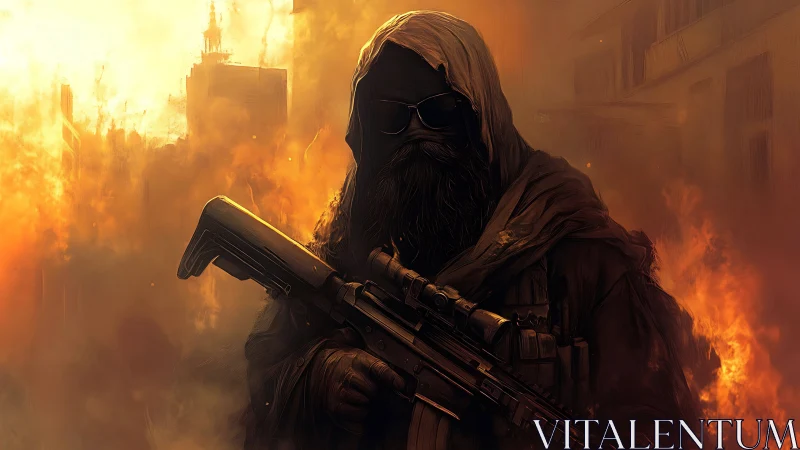 Hooded armed figure stands amid burning war-torn ruins.