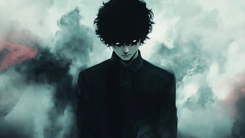 Dark-haired figure with glowing eyes emerges from swirling mist