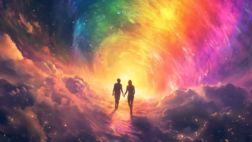 Silhouetted couple walks into luminous rainbow vortex in clouds