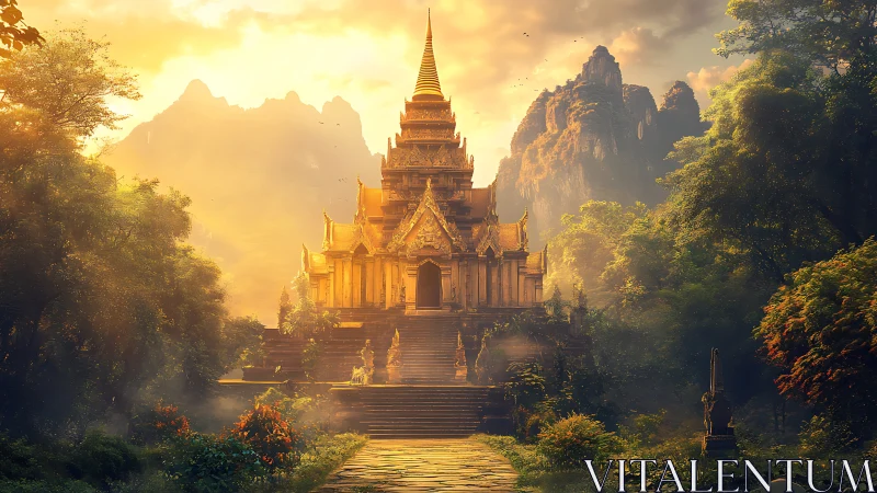 Golden mountain temple rises through misty jungle sunrise
