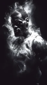 Smoldering basketball figure in monochrome vapor glow.