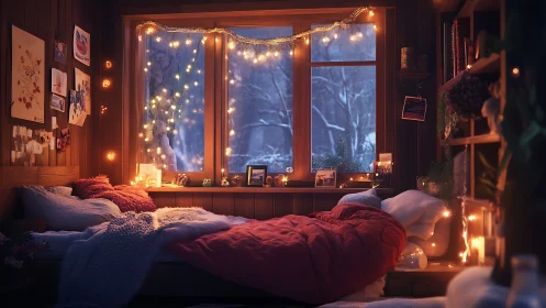 Snow-kissed window haven glowing with storybook warmth.