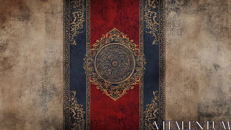 Ornate Islamic medallion on distressed textile ground.