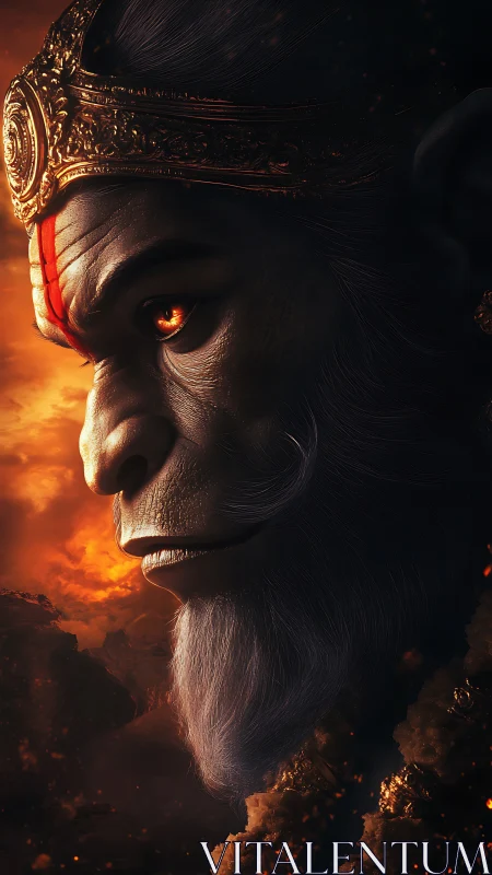 Simian-headed mythic figure in profile against burning sky.