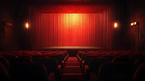 Empty red theater with closed stage curtain and warm light.
