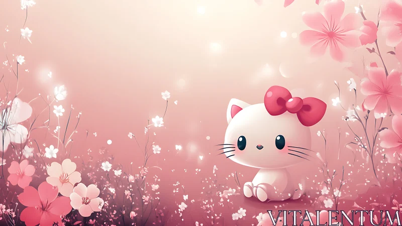 Kawaii white kitten amid bokeh-lit pastel sakura field.