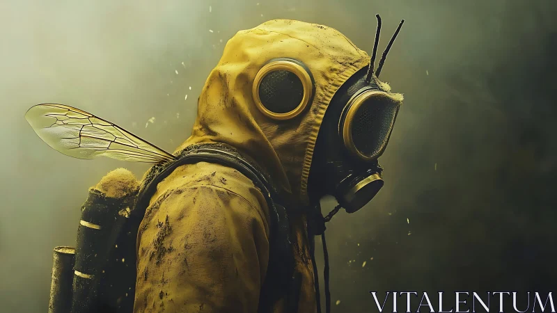 Hybrid insectoid hazmat figure with gas mask in toxic haze