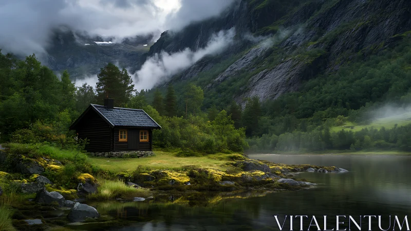 Cabin rests beside misty fjord under brooding cliffs.