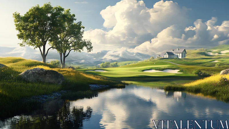 Sunlit fairway retreat beside a quiet reflective stream.