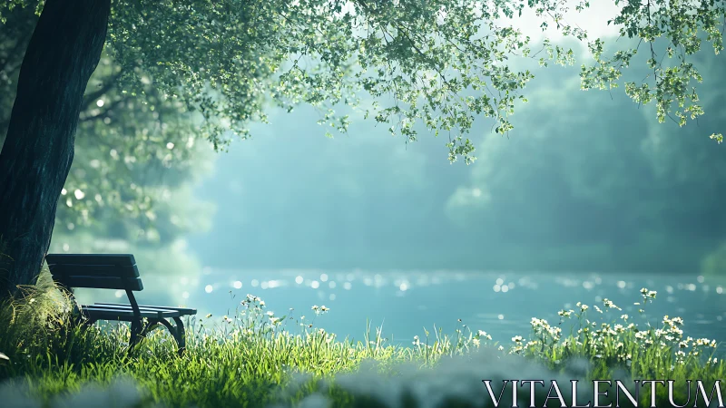 Lakeside park bench under verdant canopy, digital painting.