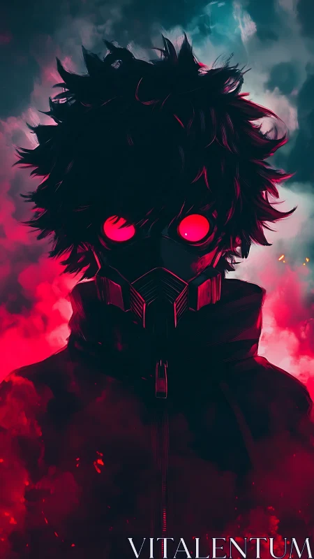 Neon-eyed renegade rises amid crimson cyberpunk storm.