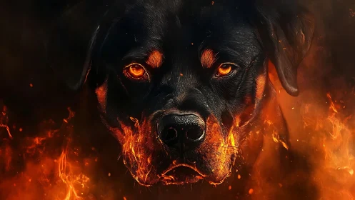 Fierce rottweiler gaze glows warmly amid swirling fire