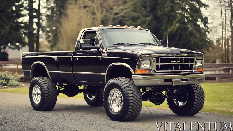 Lifted black pickup truck is parked on a rural roadway