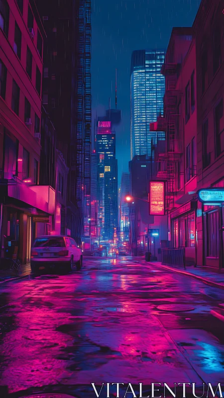 Cyberpunk alleyway in neon rain with deep perspective focus.