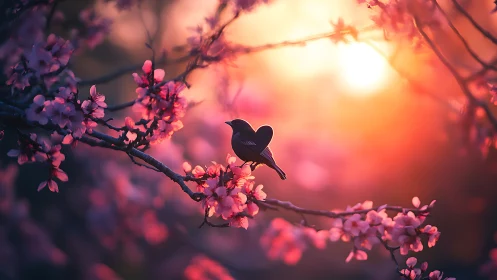 Heart-shaped twilight songbird leans into glowing blossom sunset