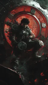 Brooding space marine framed in blood-red hatchway portal.