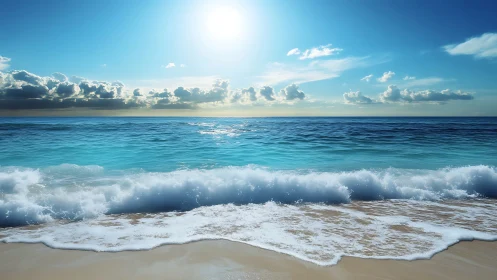 Midday coastal seascape with breaking shore waves and sun