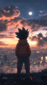 Backlit child silhouette over twilight megacity skyline